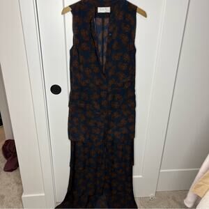 ALC Paisley Navy Tiered Ruffle 100% Silk Button Down Front Maxi Dress Size 4